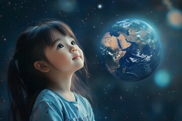 Naklejka premium Child Gazing at Glowing Earth Globe, Imagination and Curiosity about Space and the Universe