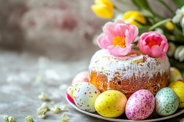 Obraz premium Generative AI image of traditional Easter cake with icing and floral decor surrounded by painted eggs and spring flowers in festive celebration