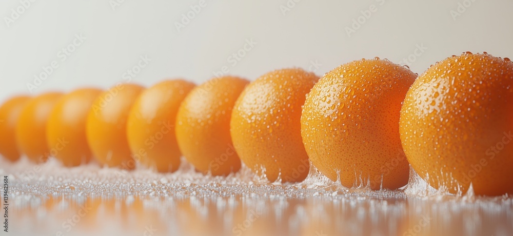 Poster fresh oranges lined up with water droplets creating a refreshing visual effect