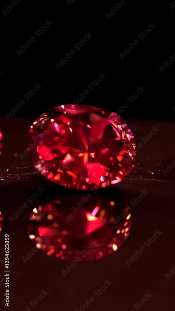 Poster three red diamonds are on a table. the table is dark. the diamonds are shiny