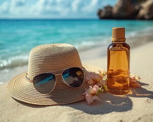 Beach hat and bottle on the sandy shore.
