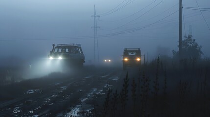Three cars drive through a foggy forest at night. The headlights of the cars illuminate the road ahead.