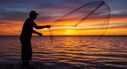 Fisherman Silhouette Casting Net at Sunset