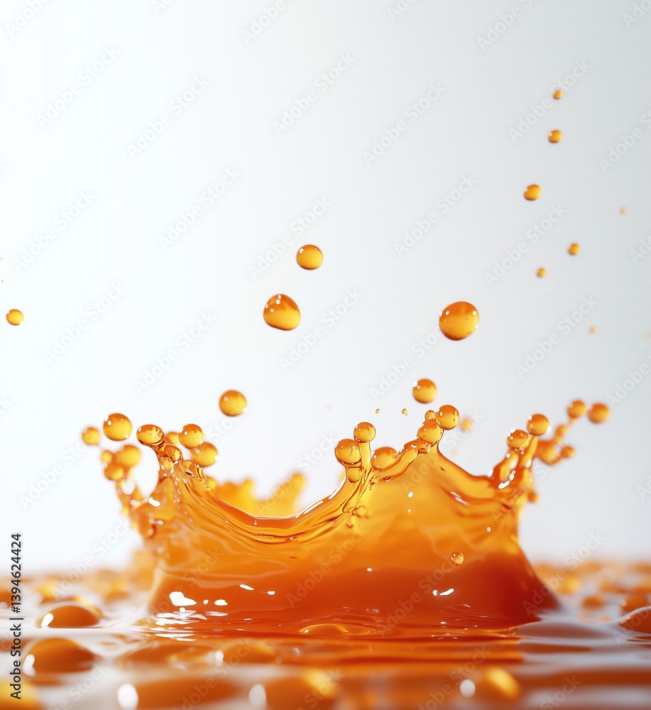 Poster splash of orange liquid creating crown shape with droplets in motion