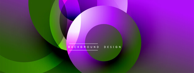 Abstract vibrant circles overlap, creating dynamic gradient effect. Purple, green hues dominate composition. Modern design suitable for backgrounds, presentations.