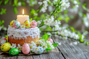 Generative AI image of traditional Easter cake with icing and floral decor surrounded by painted eggs and spring flowers in festive celebration