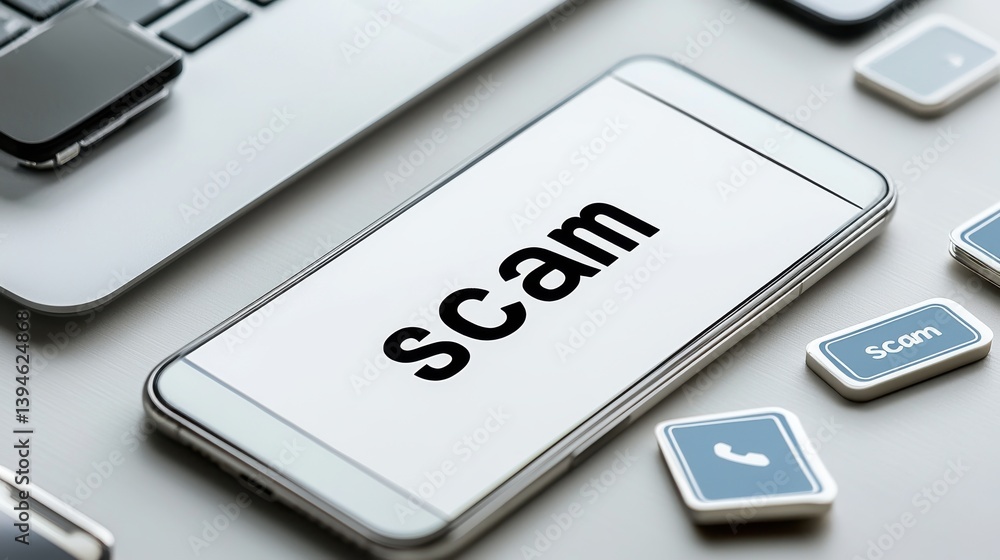 Aufkleber closeup view of a smartphone screen showing the word scam prominently displayed serving as a caution