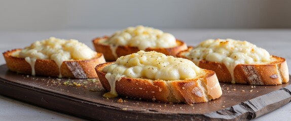 Crisp golden brown garlic bread slices topped with melted bubbly cheese freshly baked and served on a wooden serving board