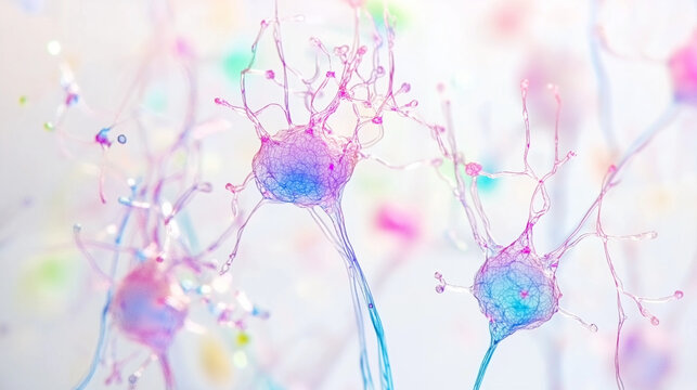 Close-up of glowing neuron synapses with vibrant neurotransmitters in microscopic brain scan, neural network and brain activity concept, neuroscience and medical research.