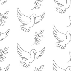 Seamless Pattern Flying Dove Bird with Branch on White Background. One Continuous Line Drawing.  Vector Illustration. Simple Linear Pigeon Symbol of Peace and Freedom