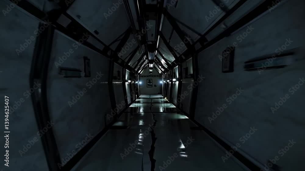 Poster exploring a sleek futuristic corridor in an abandoned space station environment at dusk