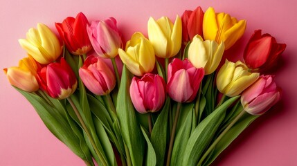 Fototapeta premium Colorful tulips on a pink background with copy space for International Women's Day, Mother's Day