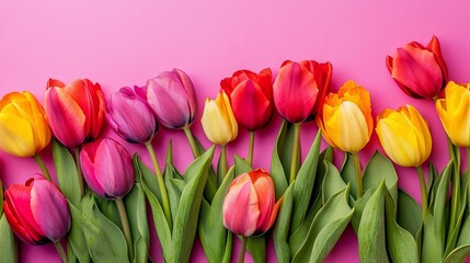 Obraz premium Colorful tulips on a pink background with copy space for International Women's Day, Mother's Day