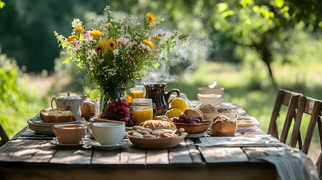 Inviting Garden Breakfast: A rustic table laden with fresh breakfast delights and vibrant flowers. Sunlight filters through the trees, illuminating a charming outdoor meal.