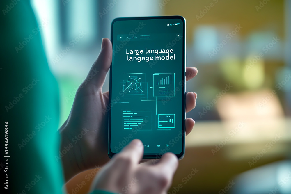 Poster close-up of hands holding a smartphone with a digital screen showing the text large language model a