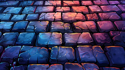 Blue and Orange Pixel Art Brick Cobblestone Pavement Texture Background Pattern with Stone Surface Wall Design and Abstract Block Construction