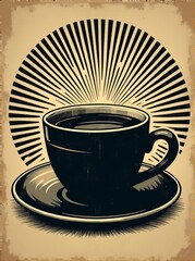 Graphic Coffee Cup Design with Burst Effect and Muted Color Scheme