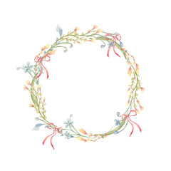 Spring floral wreath yellow and blue delicate flowers and pink little bows isolated on white. Gentle round Easter frame of wildflowers, plants hand drawn for greeting cards, packaging, invitation.