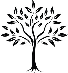 Elegant Black Tree Silhouette Vector with Leaves