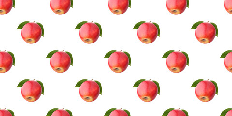 Pattern of fresh red apples with green leaves on white background