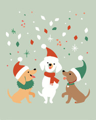 Cute Cartoon Dogs Set – Love Themes with Dog Breeds, Winter Outfits, and Festive New Year Decorations for Pet Illustrations and Greeting Cards.