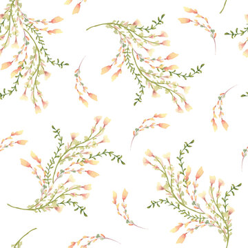 Wildflowers in soft peach yellow tones watercolor seamless pattern isolated on white. Snapdragon small flowers hand drawn simple botanical sketch . Floral spring repeat background for textile.