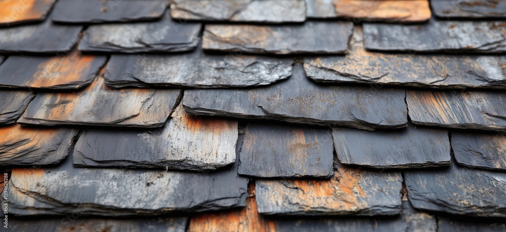 Poster weathered slate roof tiles showcasing texture and color variations in architectural design
