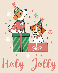 Cute Cartoon Dogs Set – Love Themes with Dog Breeds, Winter Outfits, and Festive New Year Decorations for Pet Illustrations and Greeting Cards.