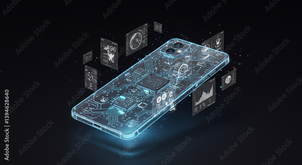 Poster futuristic smartphone displaying circuit board technology and data analysis with floating informatio
