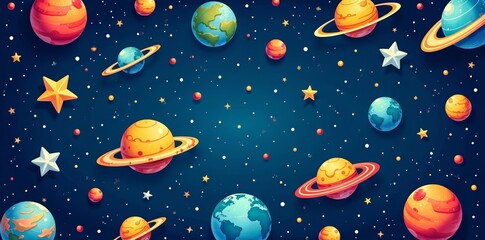 Childlike hand-drawn space objects on a seamless pattern, rockets, planets