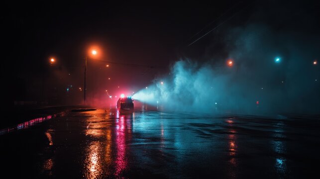 Wet asphalt, reflection of neon lights, a searchlight, smoke. Abstract light in a dark empty street with smoke, smog. Dark background scene of empty street, night view, night city. - Powered by Adobe