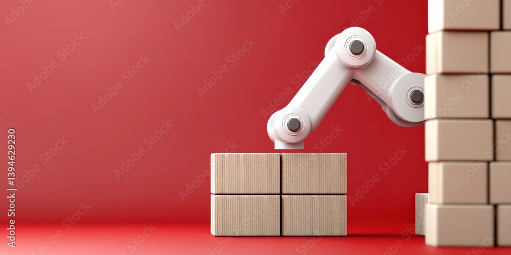 Poster import tariffs economy costs concept. robot arm stacking blocks against a red backdrop.