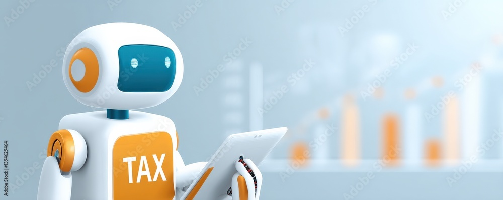 Poster import tariffs economy costs concept. robot managing tax data with a digital tablet and graphs in th