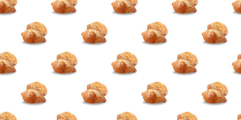 Pattern of crusty bread rolls isolated on white background