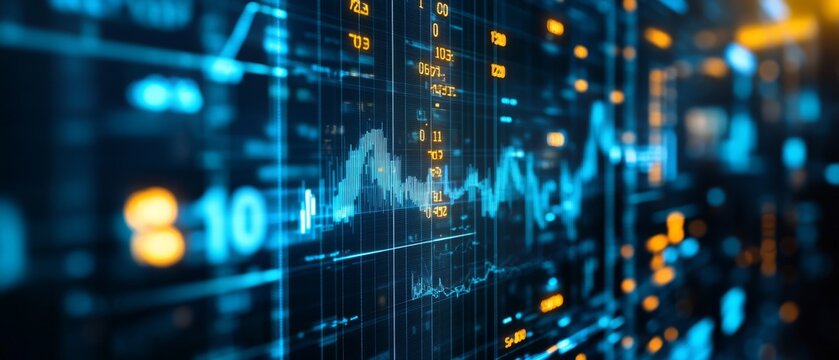 Illuminated data screens showing fluctuating financial graphs in a futuristic digital display with cool blue and orange tones.