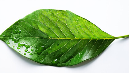 Obraz premium green leaf with drops of water, a fresh green leaf with water droplets on a white background. The leaf shows detailed texture and natural veins, symbolizing freshness, botanical studies