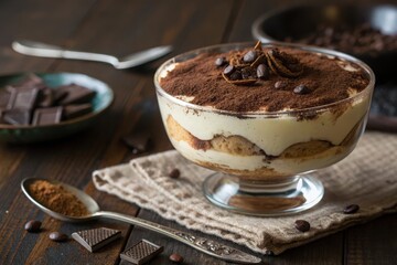 Delicious Tiramisu Dessert In Glass With Cocoa Powder And Coffee Beans On Wooden Background