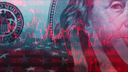 American bear stock market trading graph in red color. United States 100 dollars bill on background. Economic falling. Effect of recession and crisis on US economy. Stocks crash. Exchange loss trading