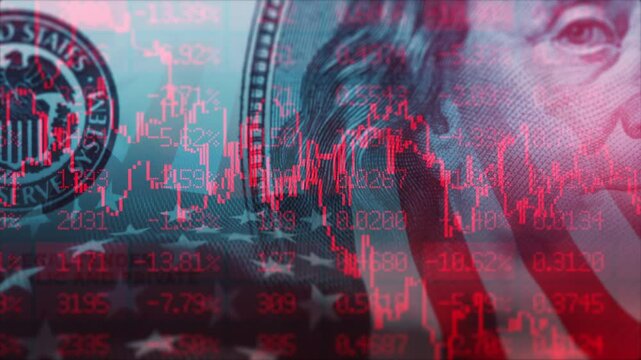American bear stock market trading graph in red color. United States 100 dollars bill on background. Economic falling. Effect of recession and crisis on US economy. Stocks crash. Exchange loss trading
