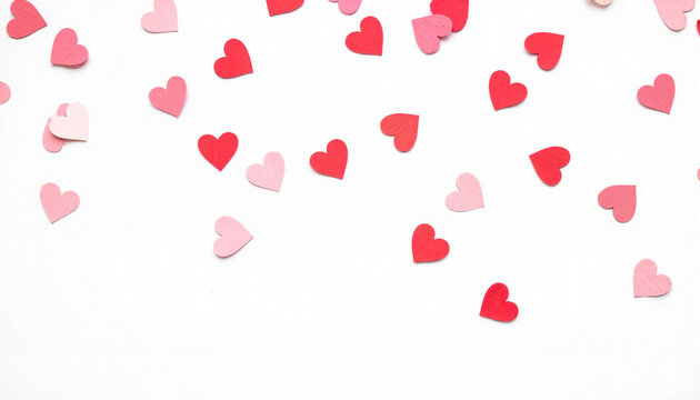 Heart-shaped confetti scattered on white background, love theme