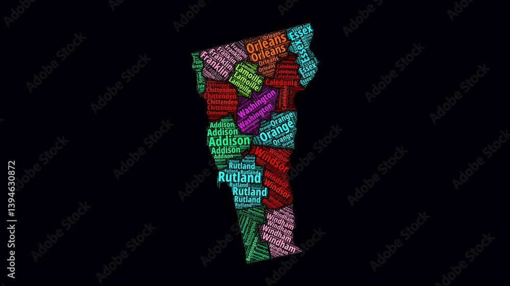 Poster vermont intro video. counties word clouds animation. vermont counties names in english language fadi