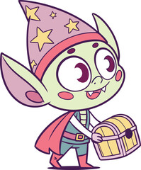 Cute Cartoon Goblin Wizard Holding Treasure Chest – Fantasy Character Illustration