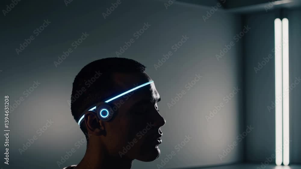 Poster exploring futuristic technology and digital interaction in an advanced environment
