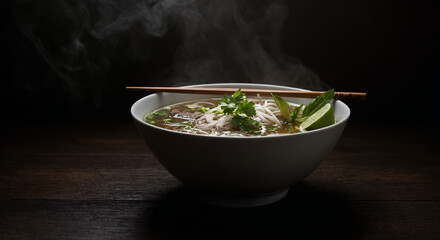Vietnamese Pho Steaming with Herbs and Chopsticks