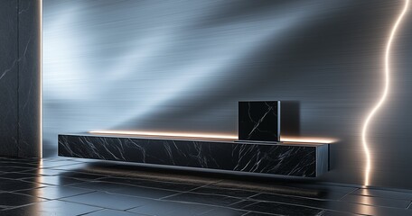 A brushed aluminum wall with a futuristic layered depth design, softly backlit to enhance its form. A floating black marble display stand sits on high-gloss black tiles.