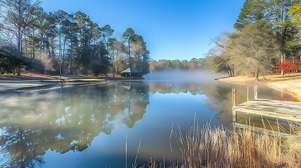A serene winter morning by a tranquil lake with a wooden dock.