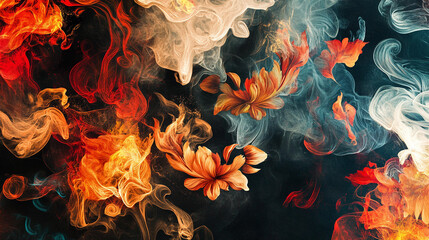 Painting of smoke and fire with flowers in the middle