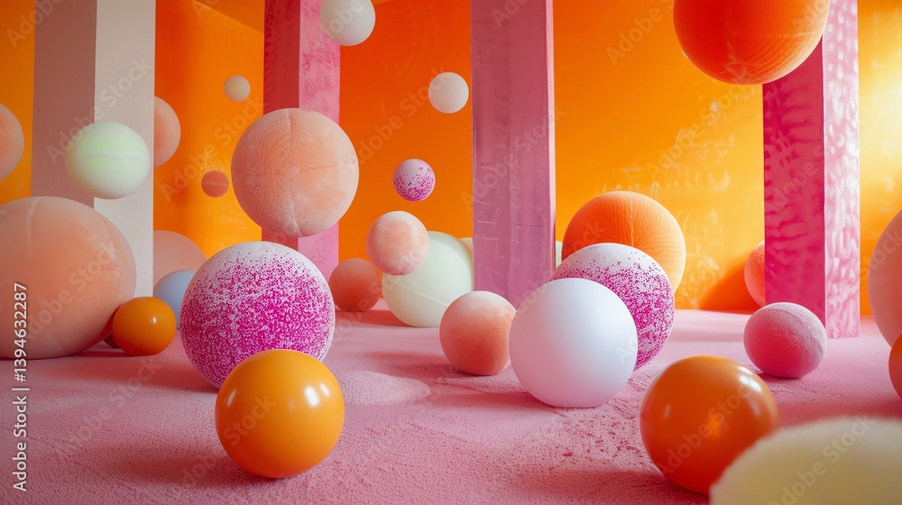 Poster pink and orange abstract room with floating balls. 3d rendering.