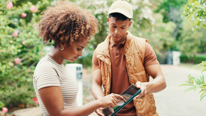 People, woman and delivery man with tablet, signature and friendly service with supply chain. Courier, customer and tech with ecommerce, online shopping and digital app for product agreement and home