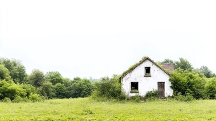 Obraz premium Abandoned rural house amidst overgrown greenery